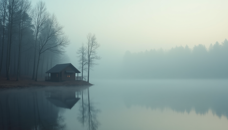 Eye-level view of a quiet lakeside cabin surrounded by trees in early morning fog