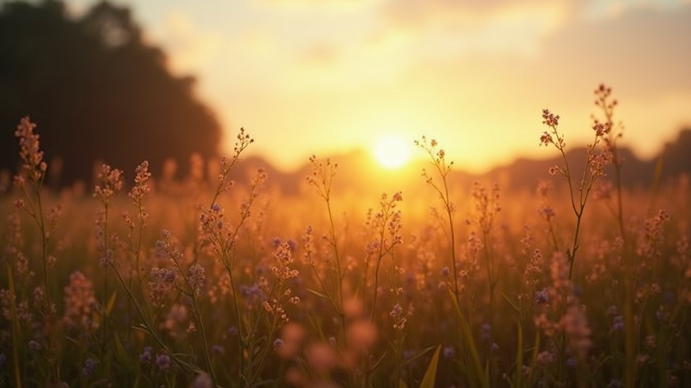 Eye-level view of a serene morning landscape with a sunrise