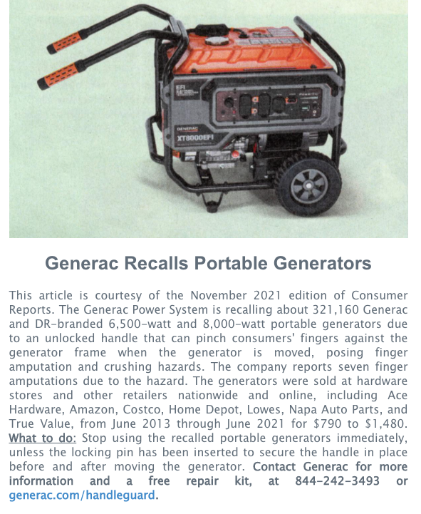 Generac Recalls Portable Generators