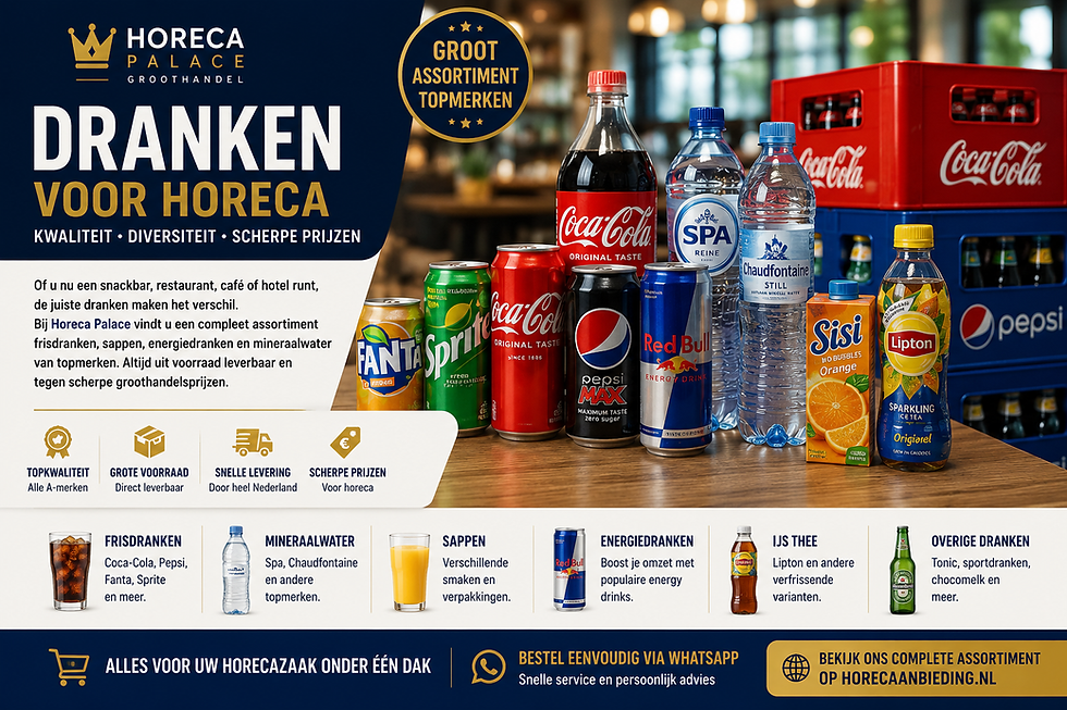 Professioneel assortiment horeca dranken met frisdranken, mineraalwater en energiedranken