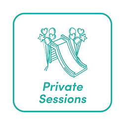 A Teal square icon featuring a Teal outline of a children's slide with balloons and stars, labeled 'Private Sessions'