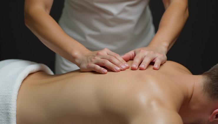 Close-up view of a massage therapist applying gentle pressure to a person's upper back muscles