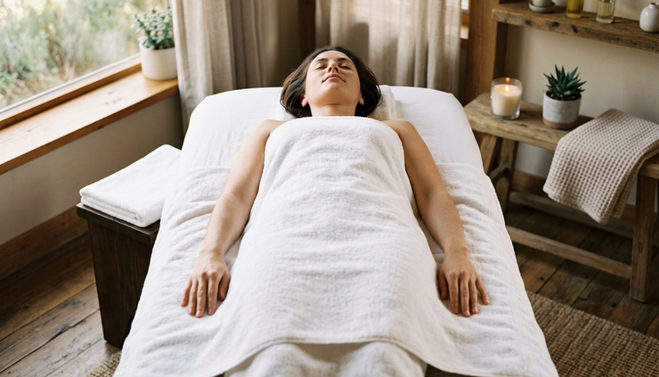 Overhead view of a person resting under a soft towel after a massage