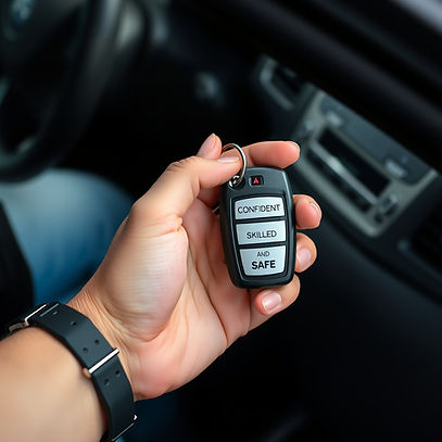an image of someone getting into a car holding the car keys in their hand with the words C