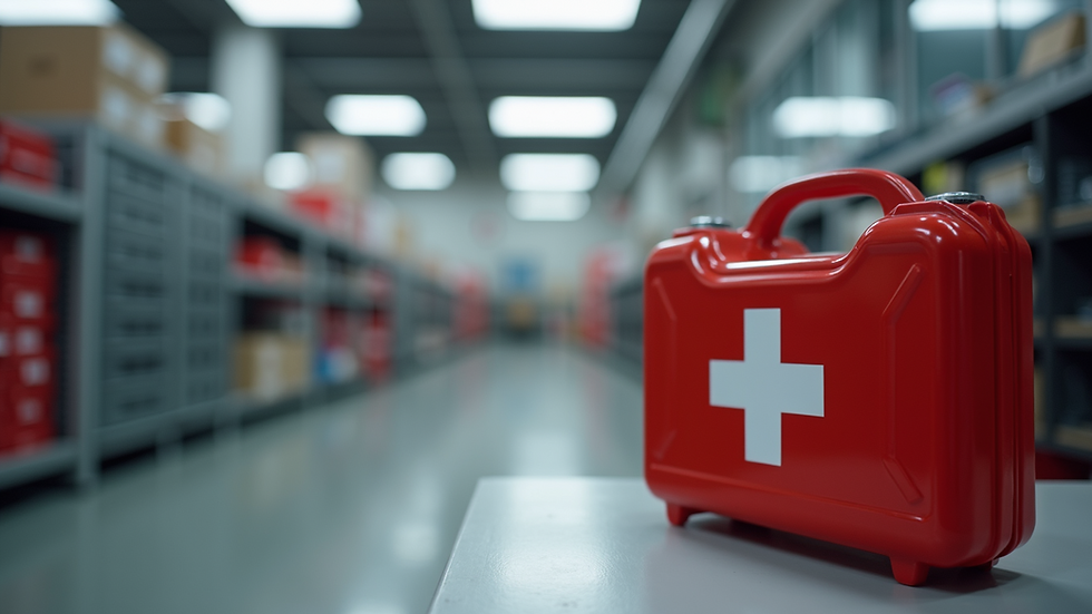 Close-up view of a first aid kit in the workplace