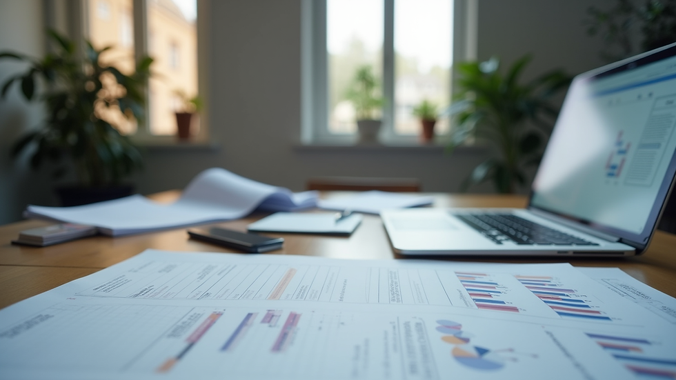 Vue rapprochée d’un bureau avec des documents et un ordinateur portable ouvert sur un tableau de gestion de projet