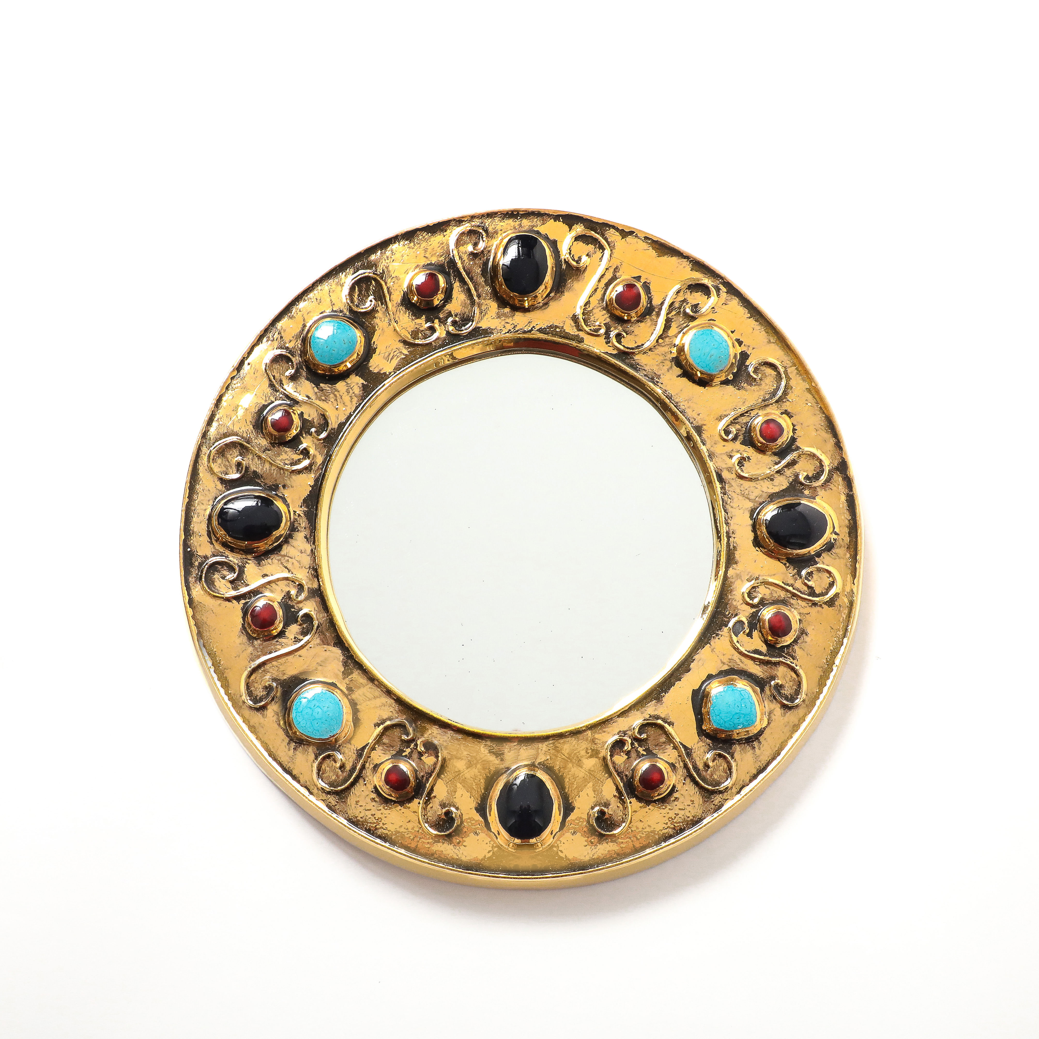 François Lembo Mirror, Ceramic, Gold, Jeweled, Turquoise, Black, Round, Signed
