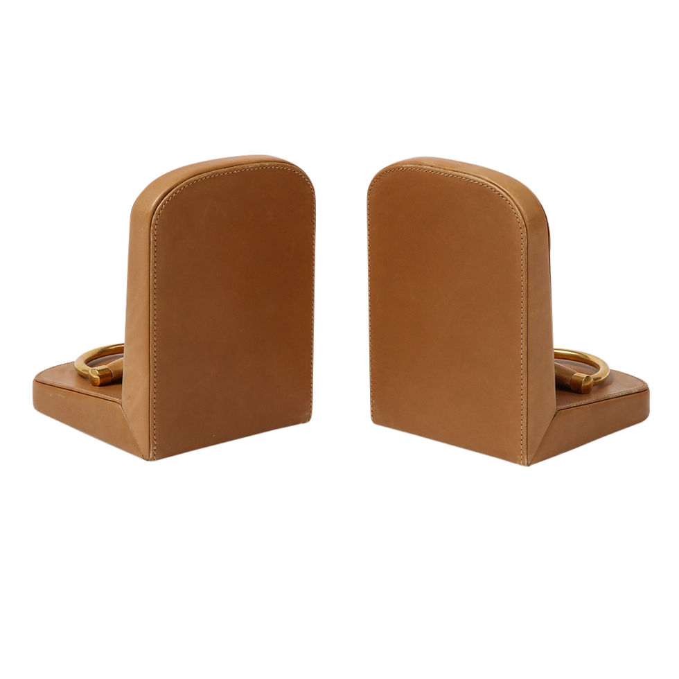 Thumbnail: Gucci Bookends, Horsebit, Tan Leather, Brass, Wood, Signed