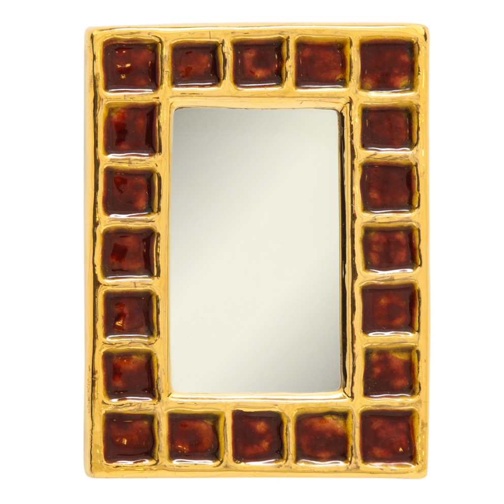 Francois Lembo Ceramic Mirror Gold Red Signed, France, 1970s