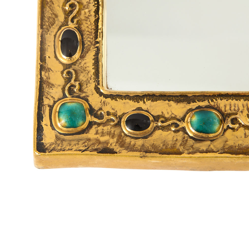 Thumbnail: Francois Lembo Ceramic Mirror Jeweled Jade Gold Black Signed France, 1970s