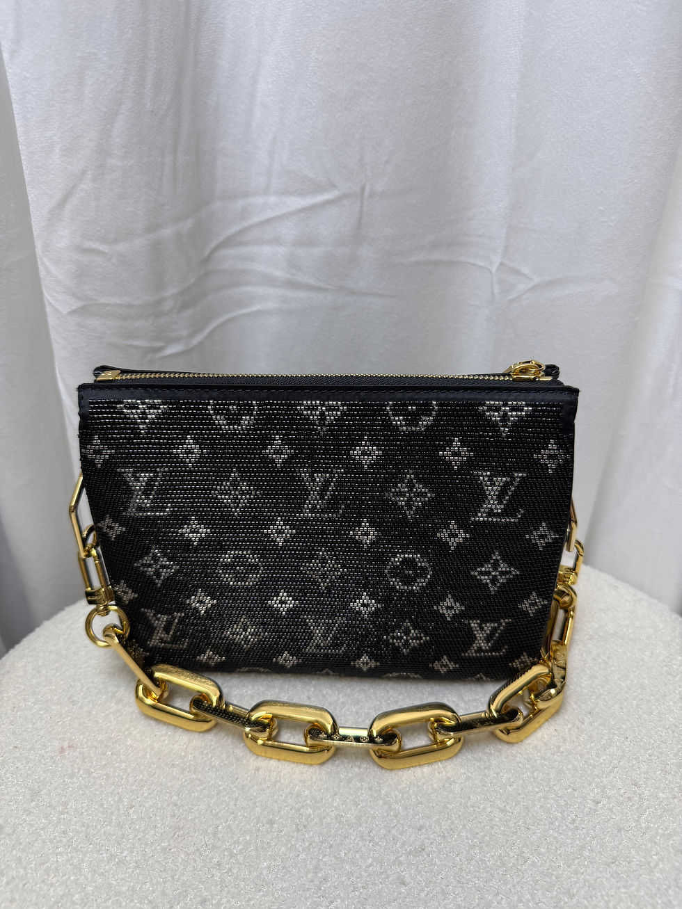 Thumbnail: Louis Vuitton Black Satin Beaded Embroidered Monogram Coussin BB