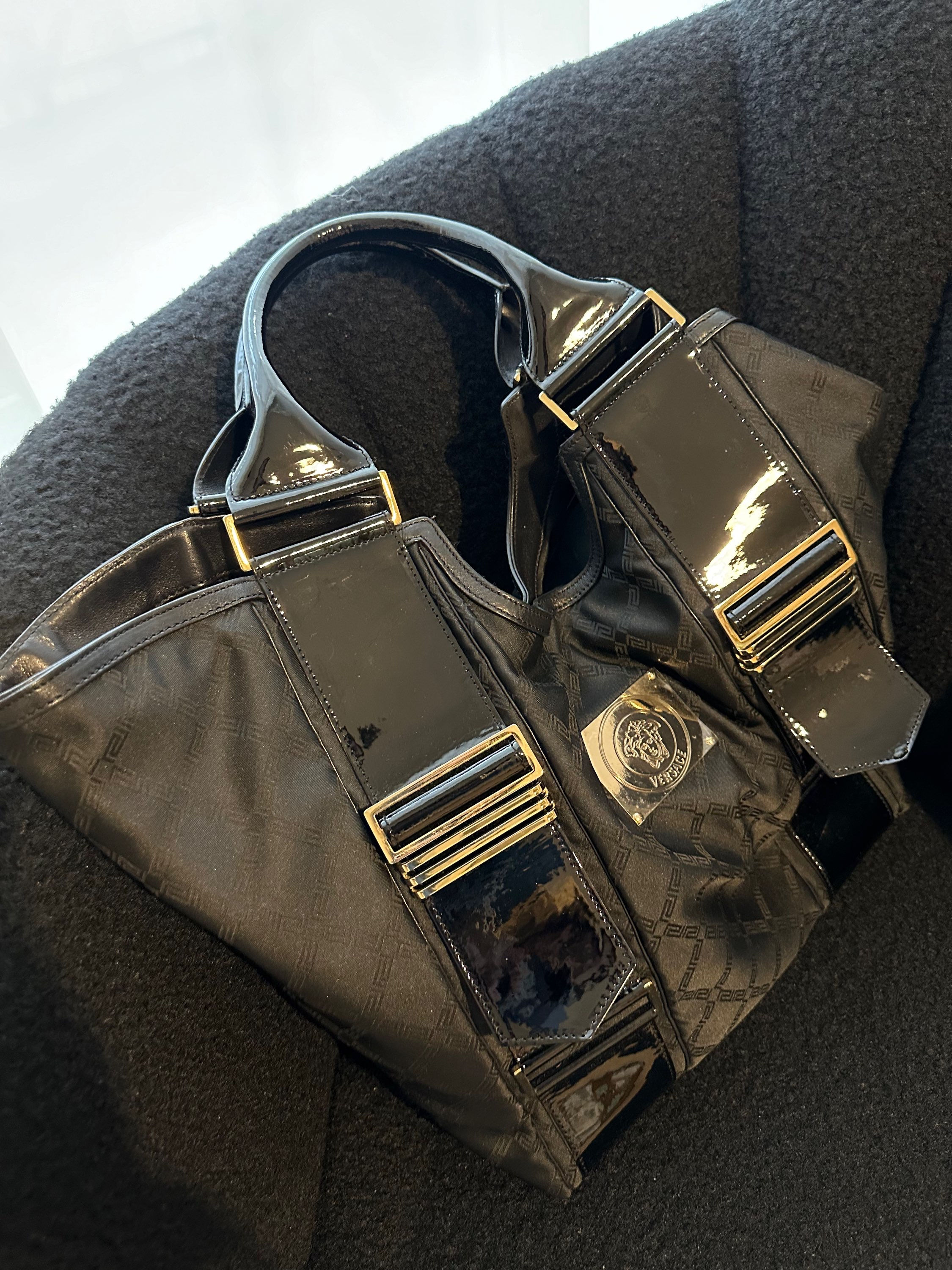Versace Black Fabric and Patent Leather Medusa Logo Tote
