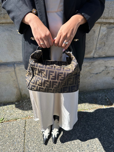 FENDI Zucca hand bag vanity bag pouch Canvas Leather khaki