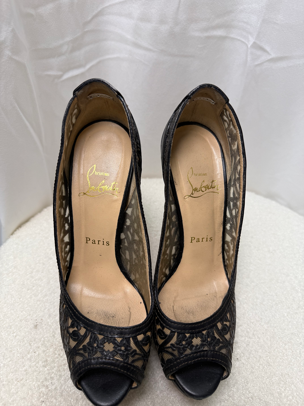 Thumbnail: Christian Louboutin Black Laser Cut Leather Pampas Platform Pumps