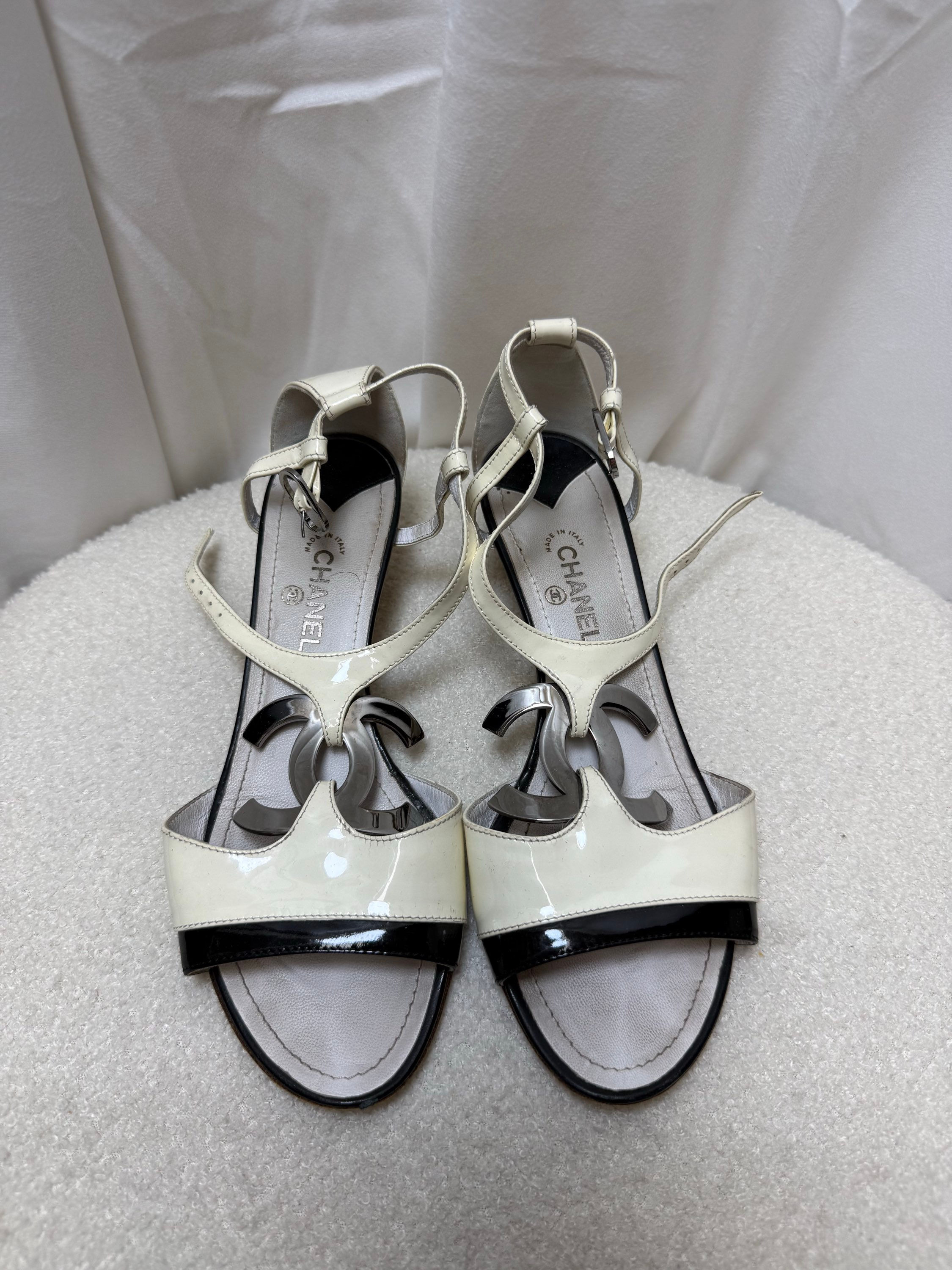 Chanel White Patent Leather Interlocking CC Sandals From the Spring 2008 Collect