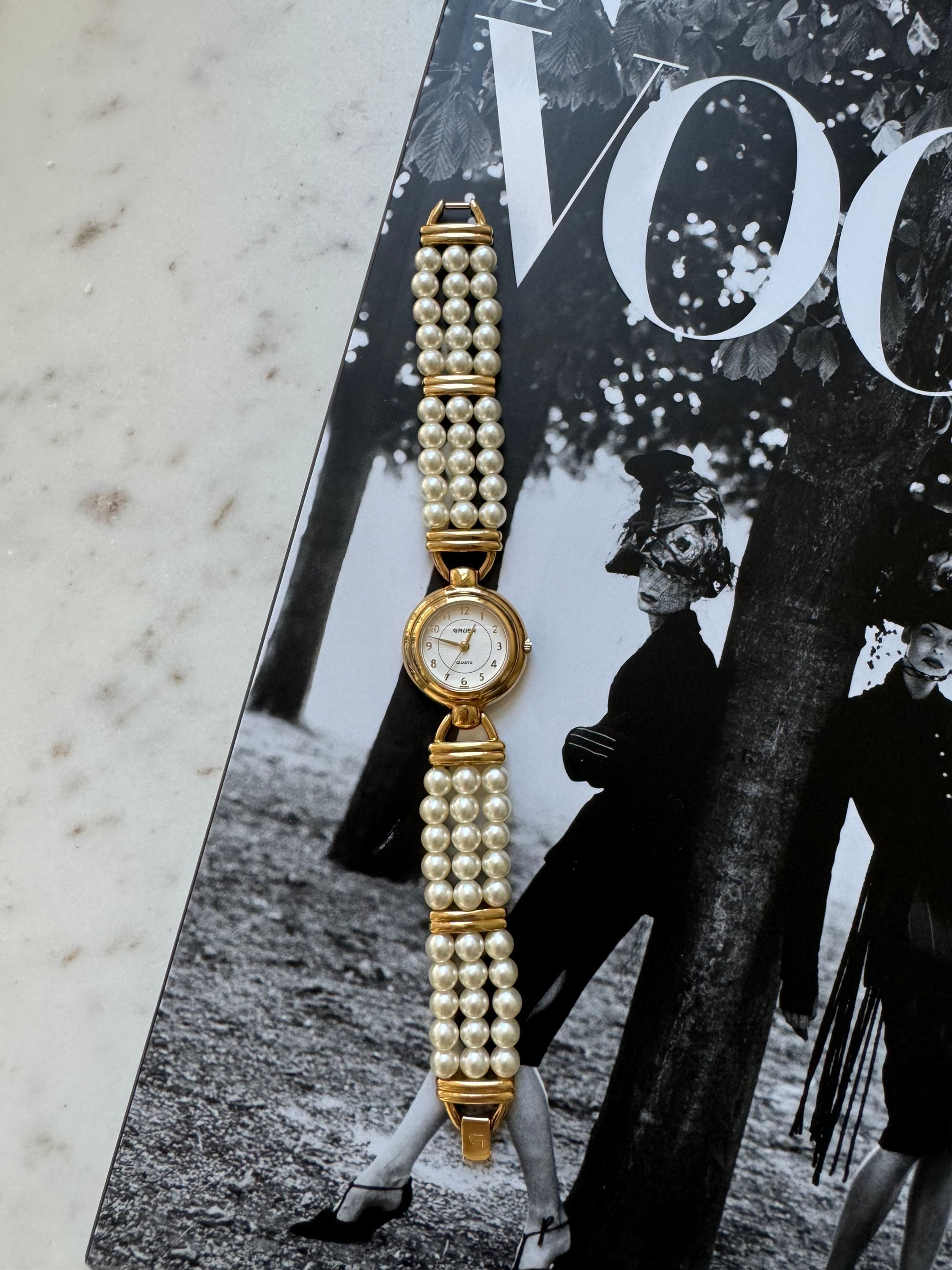 Vintage Gruen Vanity Fair Quartz Pearl Gold Tone Watch