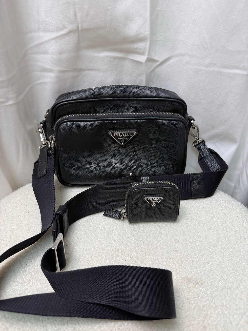 Thumbnail: PRADA Black Spazzolato Leather Small Brique Crossbody Bag