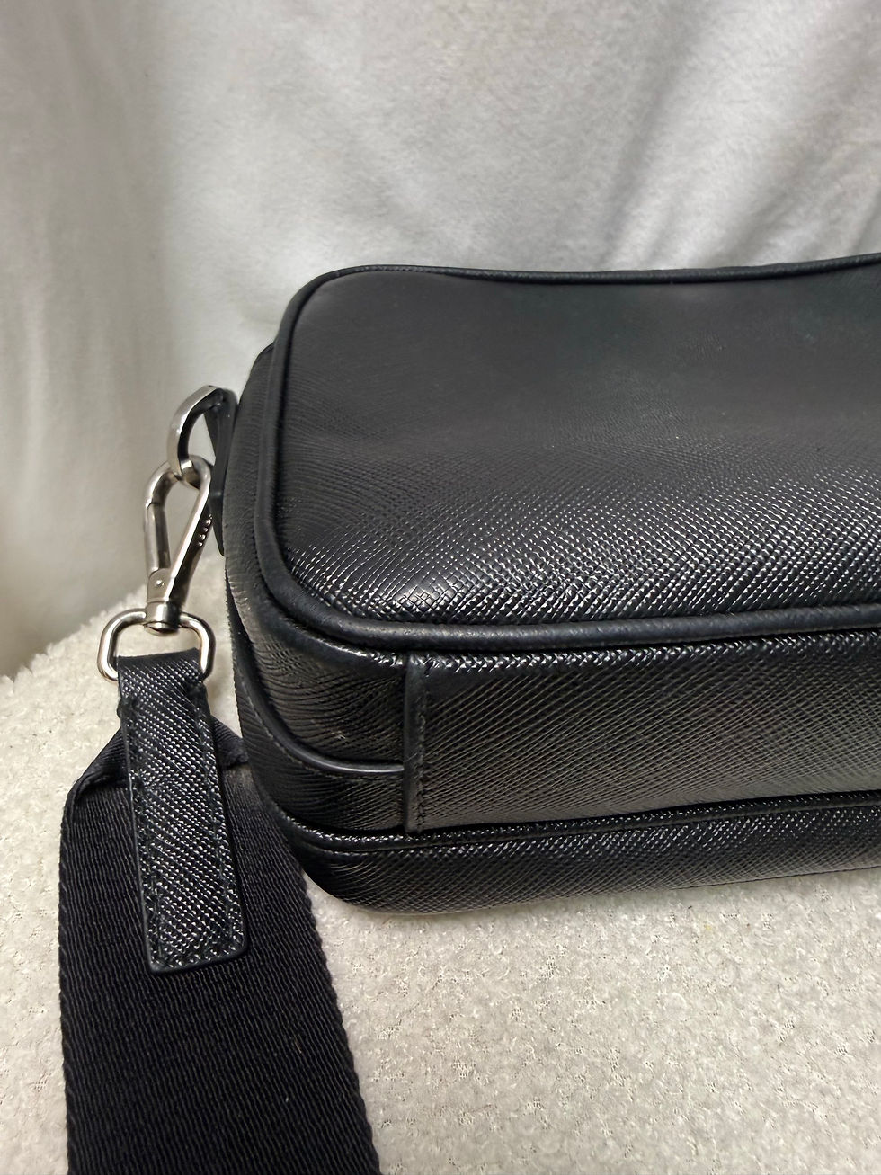 Thumbnail: PRADA Black Spazzolato Leather Small Brique Crossbody Bag