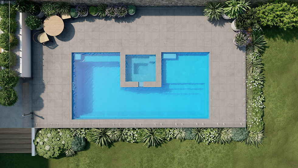 High angle view of a modern Nexus fiberglass pool with clean lines