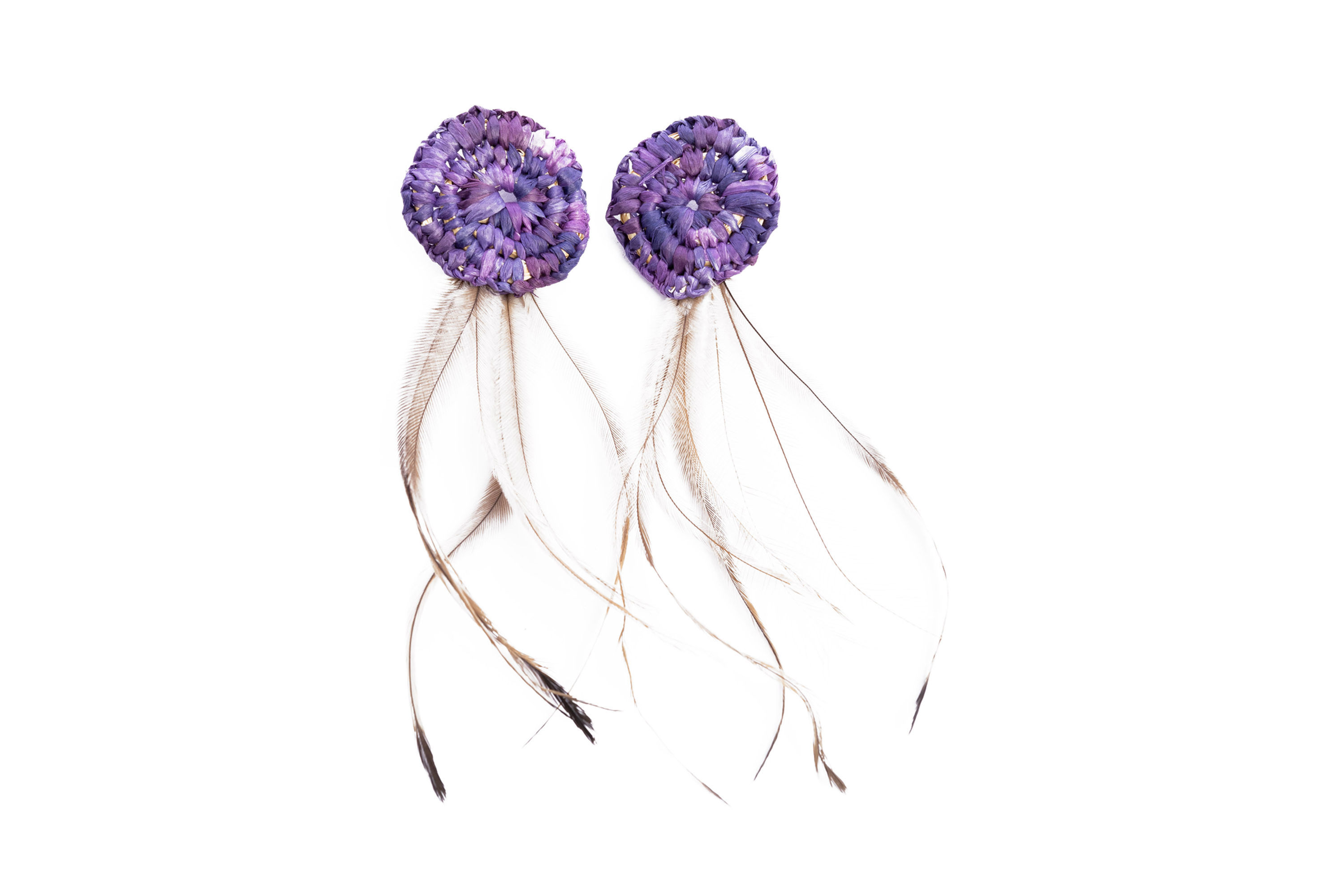 Purple Emu Feather Weave Stud Earrings