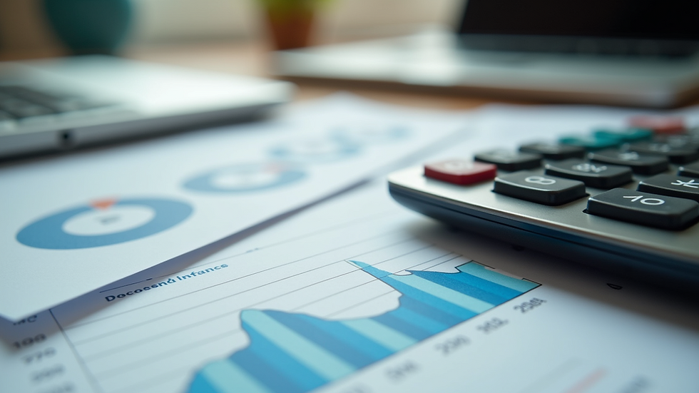Eye-level view of a calculator and financial documents on a desk