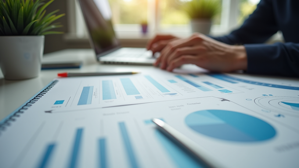 Plano detalle de documentos y gráficos sobre mesa de trabajo empresarial
