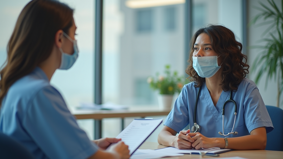 Eye-level view of a healthcare professional explaining health benefits to a patient