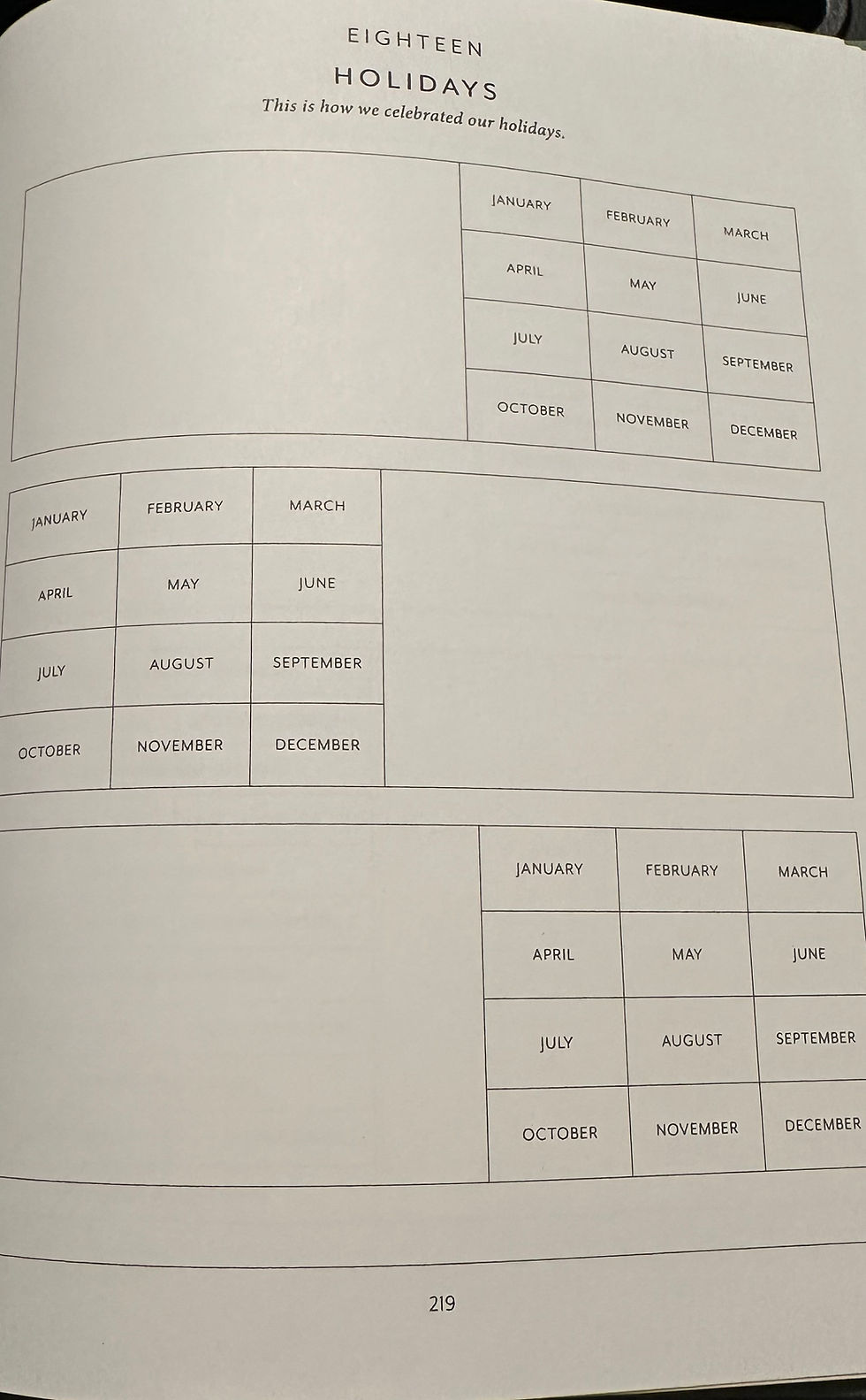 Book page titled "Eighteen Holidays" with a calendar layout showing months, text about holiday celebrations, and page number 219.