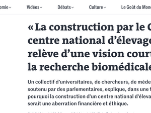 Tribune du Monde contre la construction d'un centre d'élevage de primates en France (mai 2025)