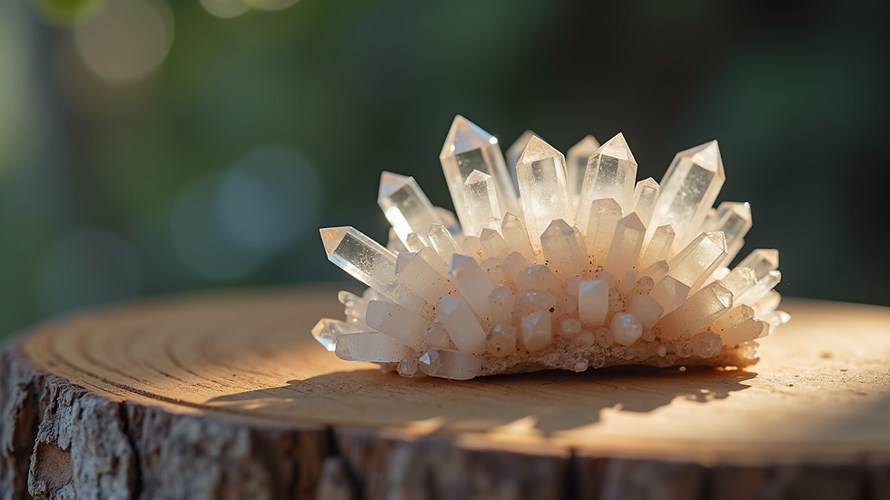 Close-up view of a crystal cluster resting on a wooden surface