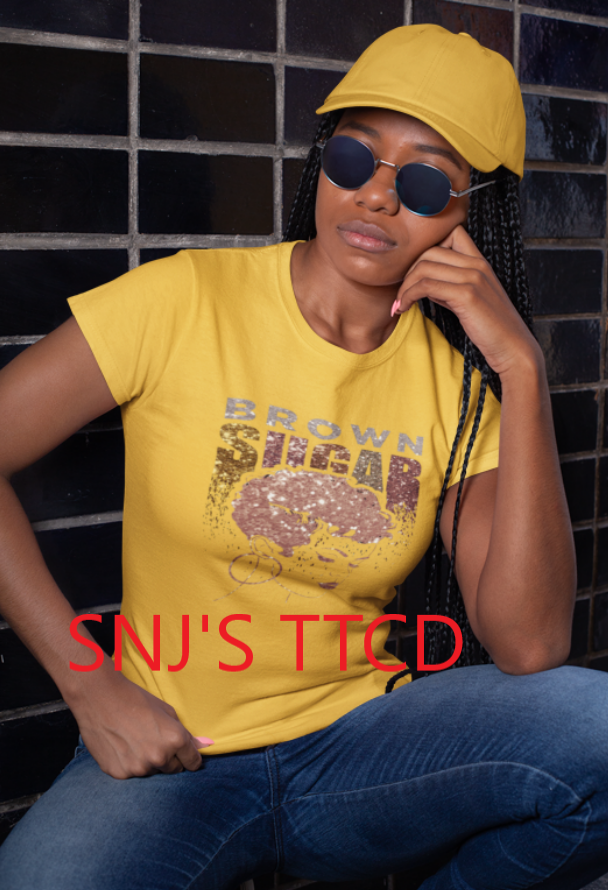 Thumbnail: "Brown Sugar", earrings, curly hair, Tee