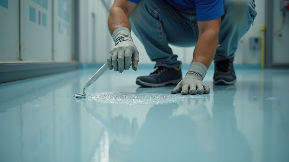 Close-up view of industrial painter applying epoxy coating on factory floor