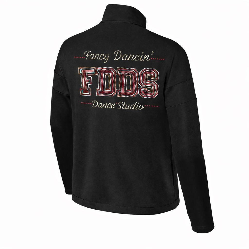 Black sweatshirt with "Fancy Dancin' FDDS Dance Studio" text on back.