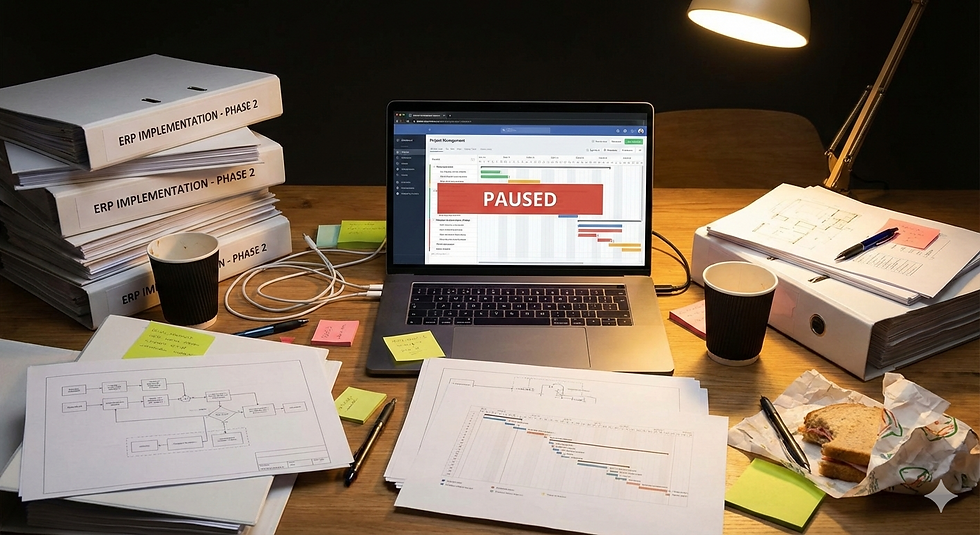 Eye-level view of a cluttered workspace with paused ERP project documents and a laptop