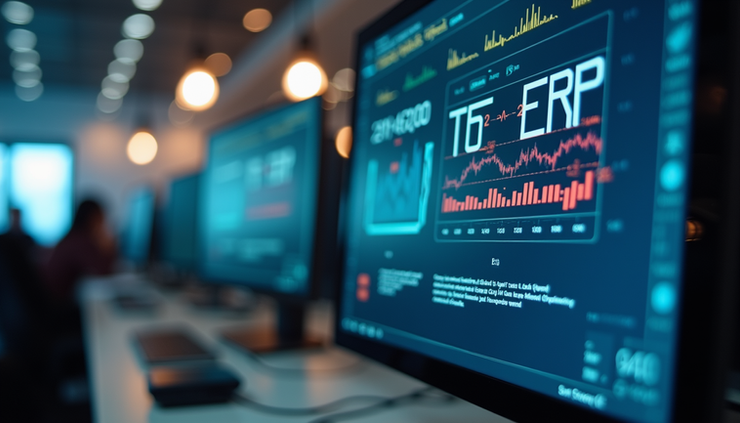 Eye-level view of a cluttered workspace with multiple screens showing error messages during ERP implementation