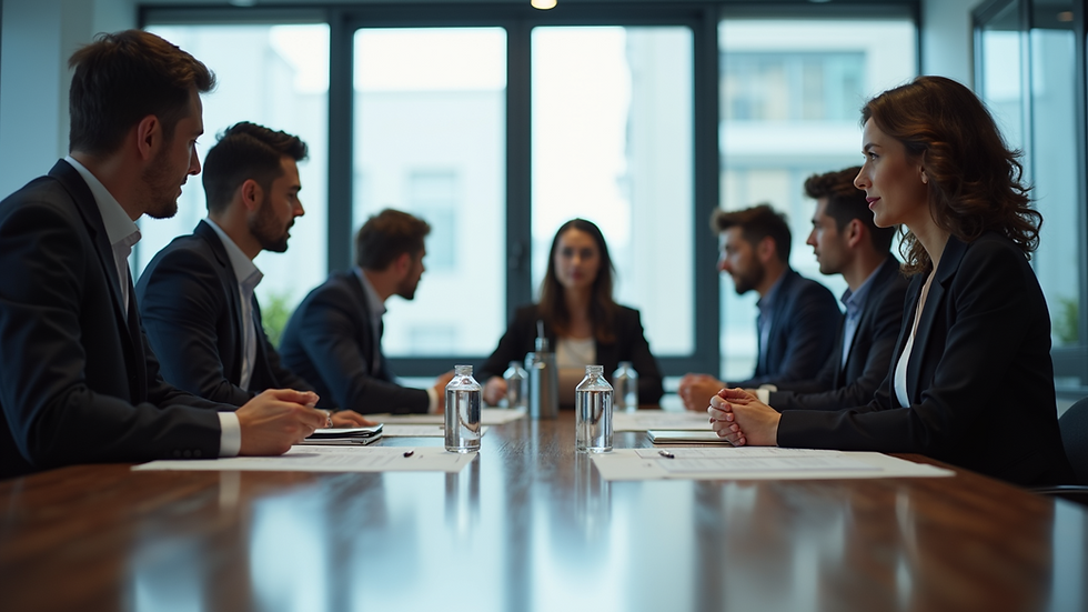 Eye-level view of a business team discussing ERP setup stages around a conference table