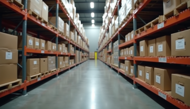 Eye-level view of warehouse shelves with labeled inventory bins