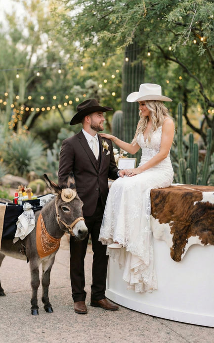 Beer burro delivering drinks at an Arizona wedding celebration. With a rustic western theme.