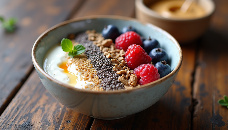 Eye-level view of a colorful protein yogurt bowl with berries and nut butter drizzle