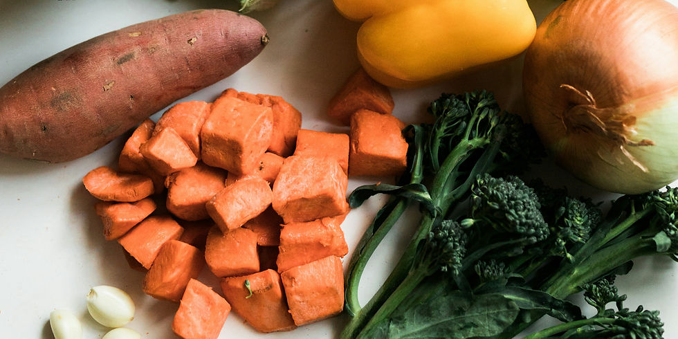 Sweet potatoes cubed with broccolini and onions.