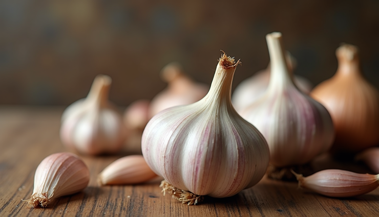 Close-up view of fresh garlic bulbs and onions on a wooden surface