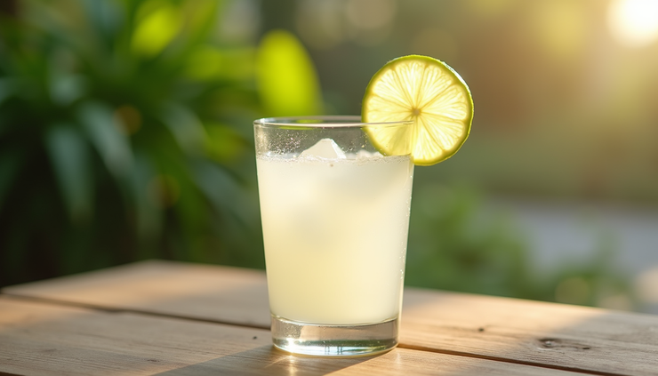 Eye-level view of a glass of coconut water with a slice of lime on a wooden table