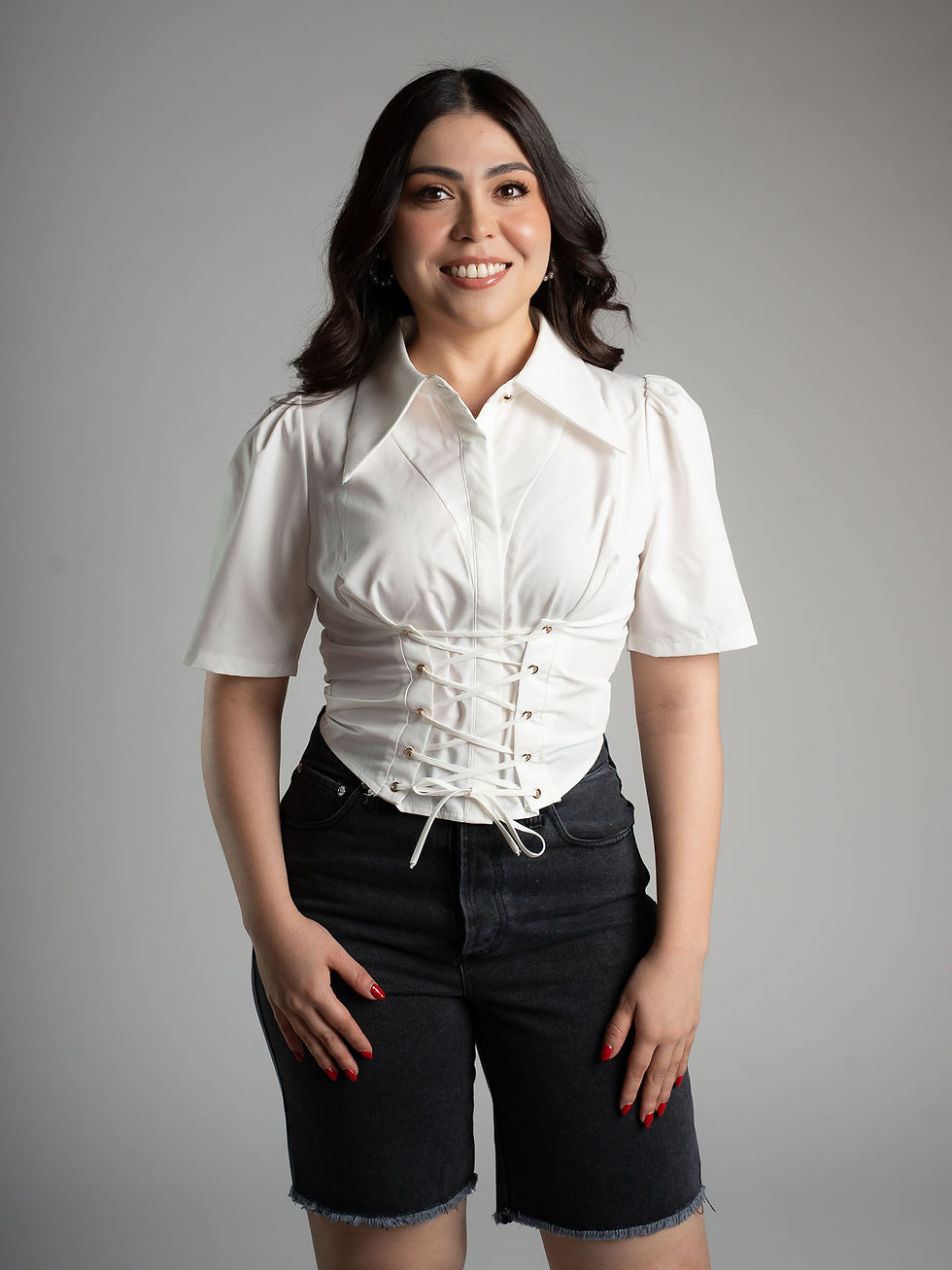 Miniatura: Top Corset con Manga Abullonada Blanco