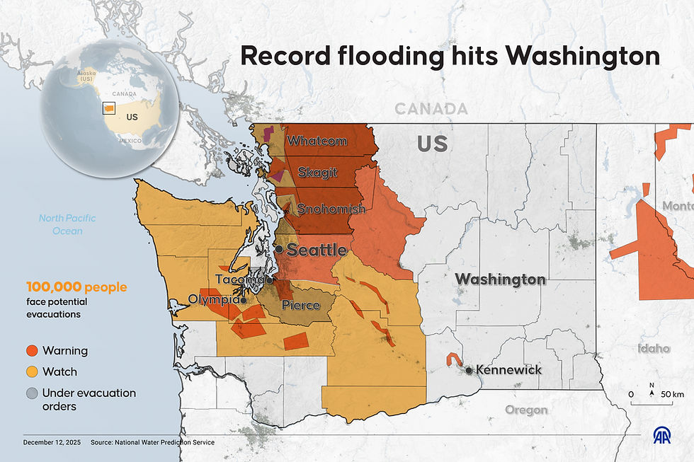 Map of Washington highlights areas of record flooding. Red zones indicate warning; orange zones indicate watch. 100,000 may evacuate.