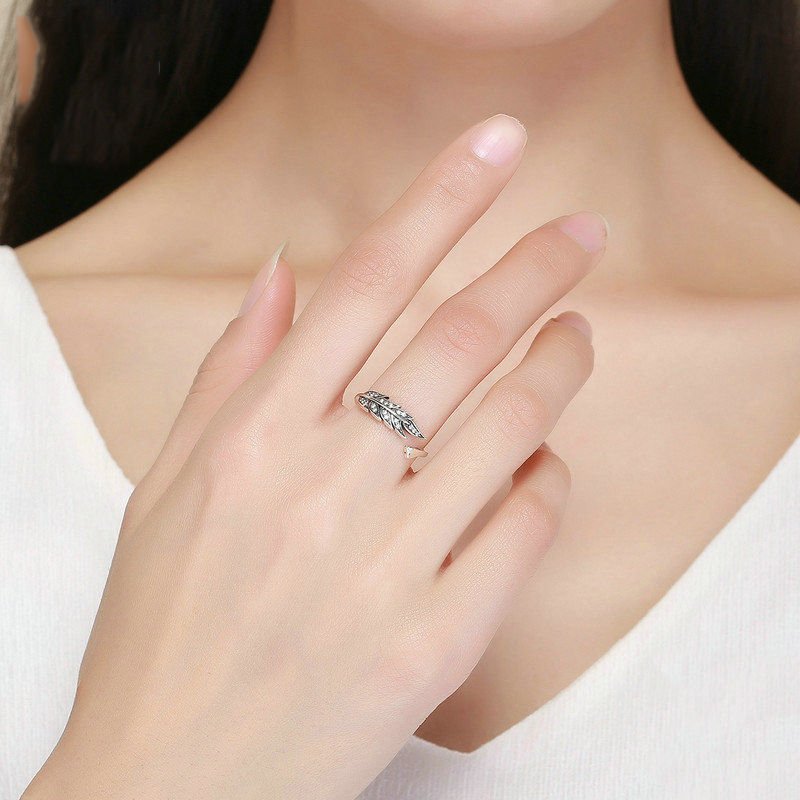 Miniatura: S925 Silver Open Ring with Diamond Leaf Design