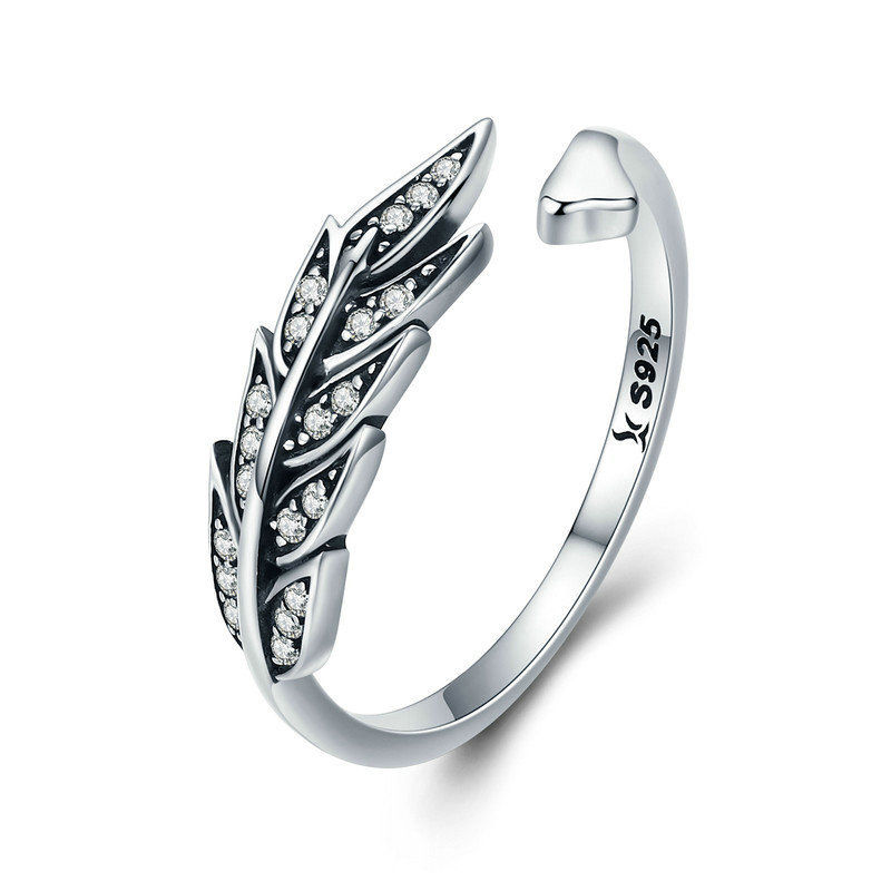 Miniatura: S925 Silver Open Ring with Diamond Leaf Design