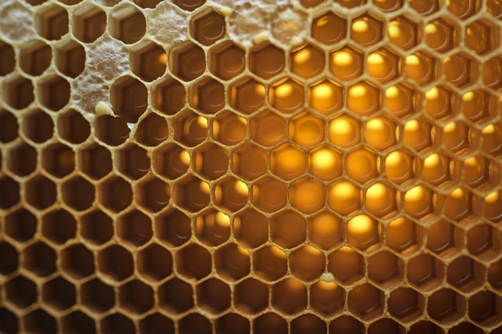 Natural honeycomb cells glowing with golden honey