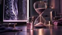 Gene therapy vial beside a paused hourglass in front of a spinal MRI scan on a lightbox
