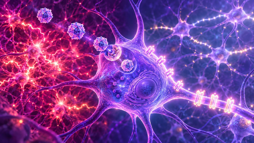 Glowing purple network of neurons and interneuron signaling, illustrating the brain cells affected in Dravet syndrome