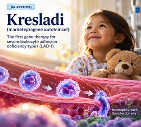 Smiling young girl in a hospital bed hugging a teddy bear, with an illustration of neutrophils squeezing through a blood vessel wall to reach an infection, announcing Kresladi, the first FDA-approved gene therapy for severe LAD-I.